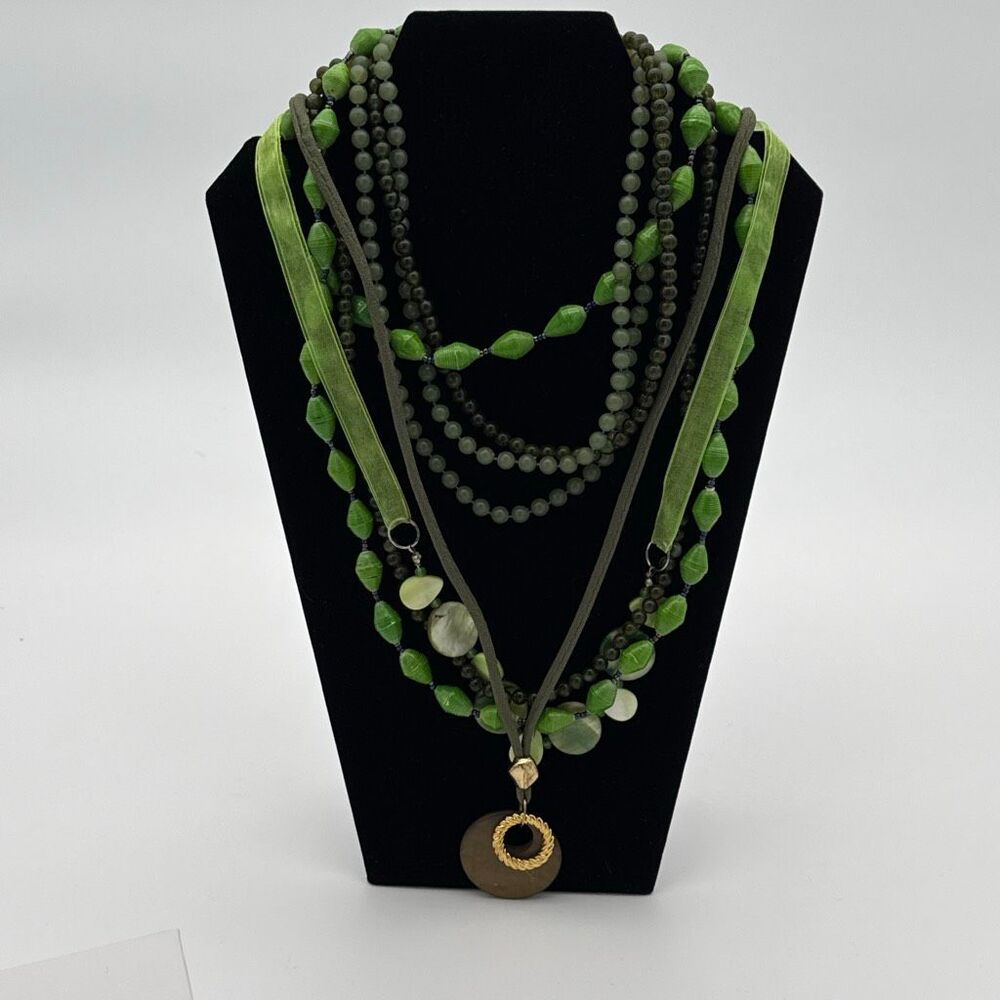 Green Beaded Necklace Bundle Vintage Sarah Coventry Paper Bead Shell Boho Lot